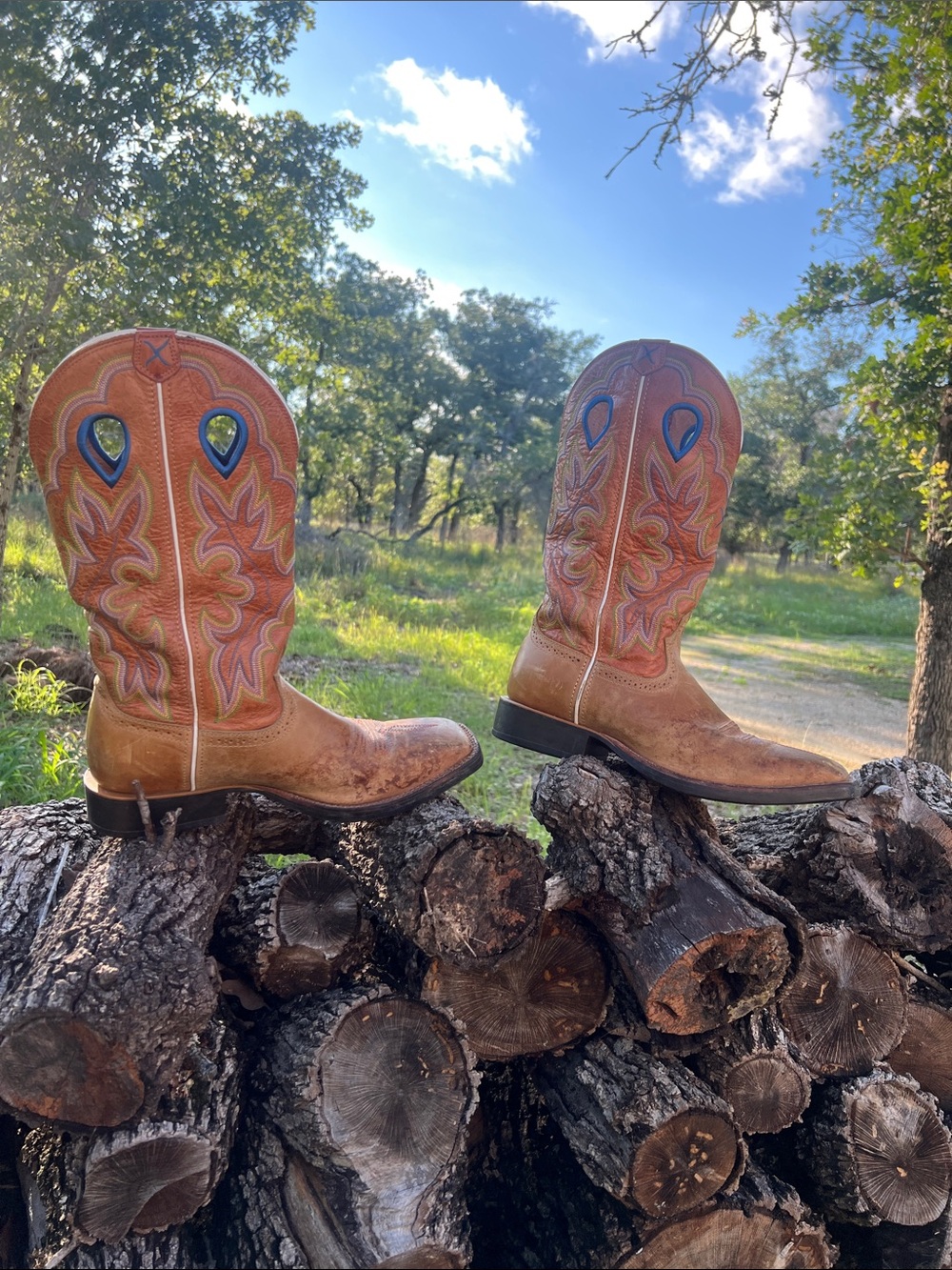 Twisted X Tan Leather Western Boots with Blue and Green Embroidery